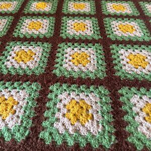 Vintage Hand-Crocheted Granny Square Afghan Blanket 55" x 72" Yellow Green Brown